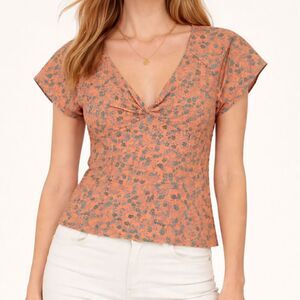 Madewell Orange Floral Print V-Neck Cotton Top Size 2